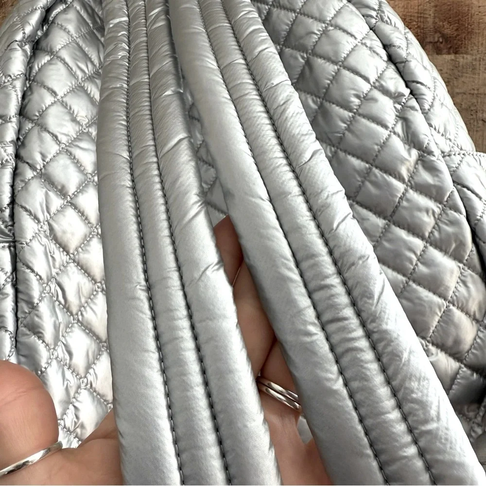 MZ Wallace Silver Quilted Nylon Backpack with Tan Leather Accents
